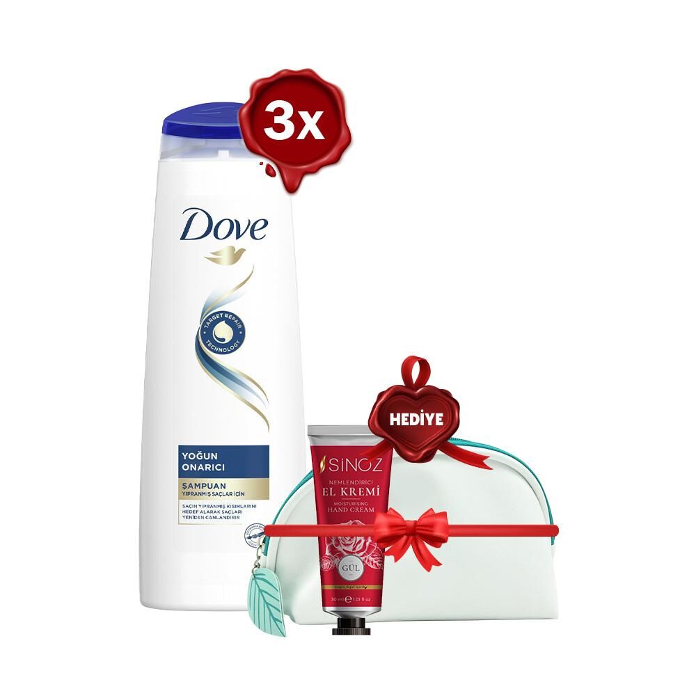 Dove Şampuan Yoğun Onarıcı 350 ml x 3, El Kremi Gül ve Çanta Hediyeli