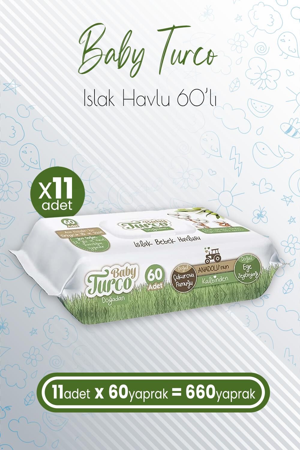 Baby Turco Doğadan Islak Bebek Havlusu Zeytinyağlı 60'lı x 11 Adet (660 Yaprak)