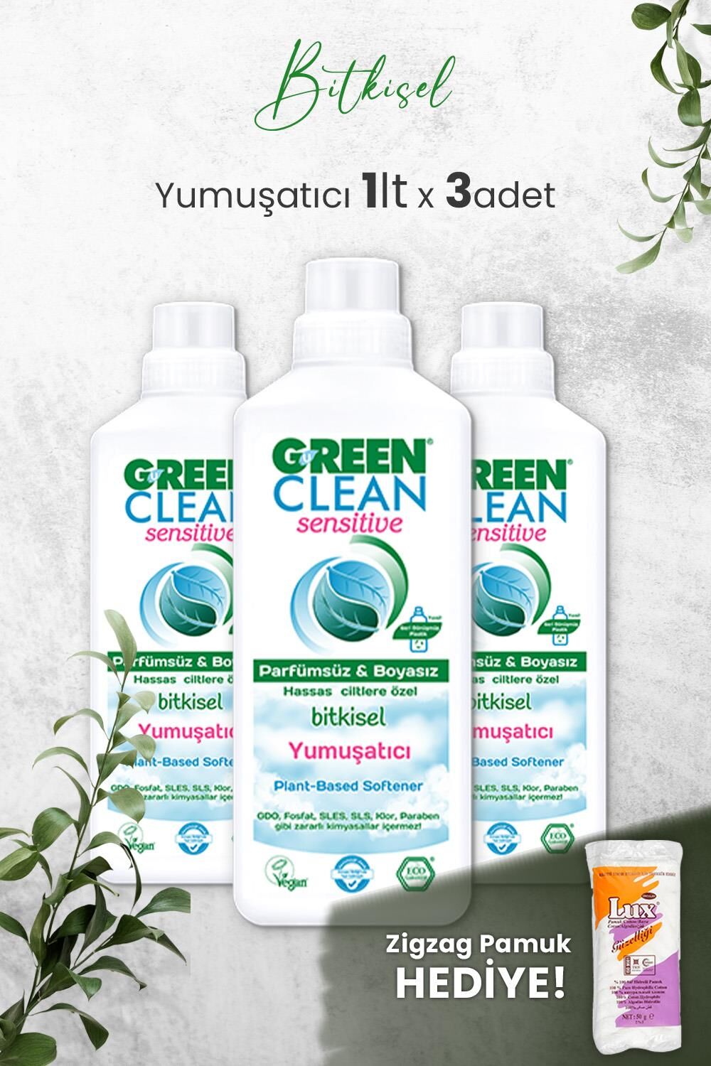 Green Clean Sensitive Kokusuz Yumuşatıcı 1 L x 3 Adet ve Hediyeli