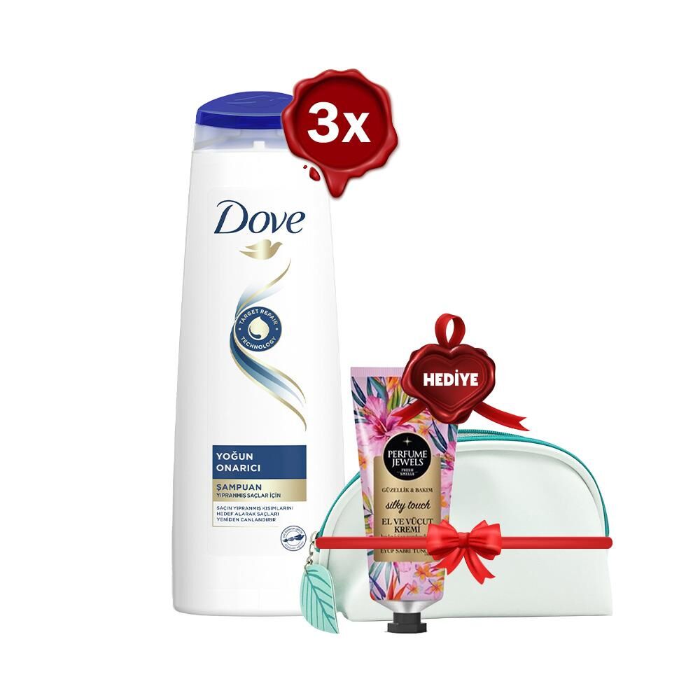 Dove Şampuan Yoğun Onarıcı 350 ml x 3, El Kremi Silky Touch ve Çanta Hediyeli