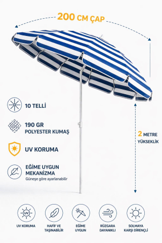 Plaj Şemsiyesi Mavi Beyaz 200cm, 10 telli
