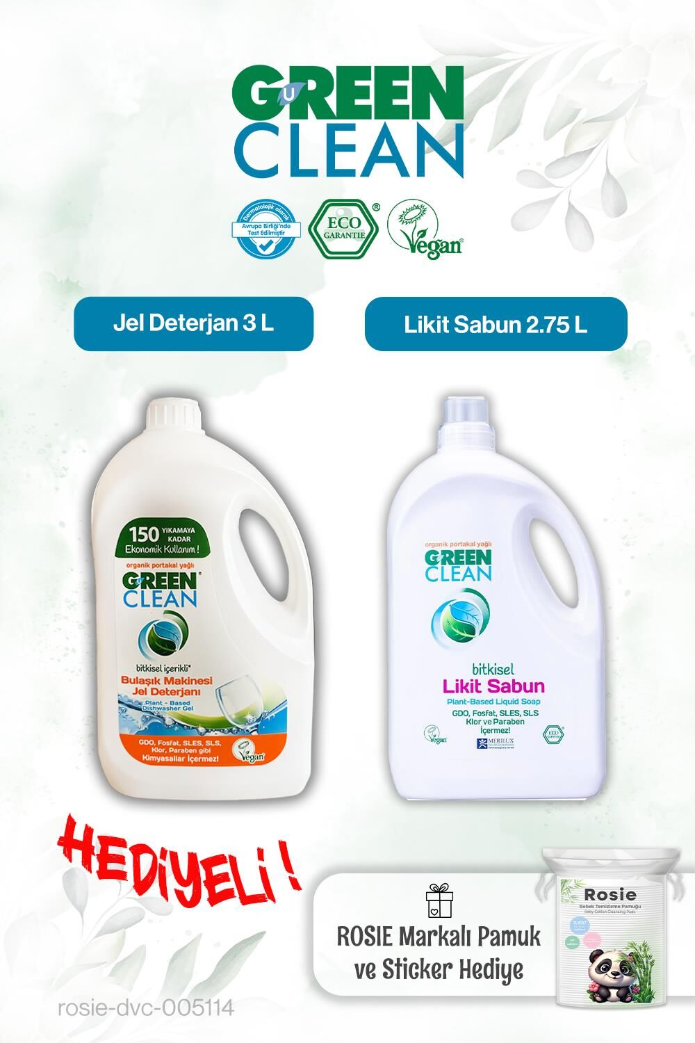 Green Clean 2.75 L Likit Sabun, Bulaşık Mak. Jel Deterjan 3L ve Rosie pamuk hediye