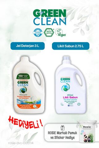 Green Clean 2.75 L Likit Sabun, Bulaşık Mak. Jel Deterjan 3L ve Rosie pamuk hediye