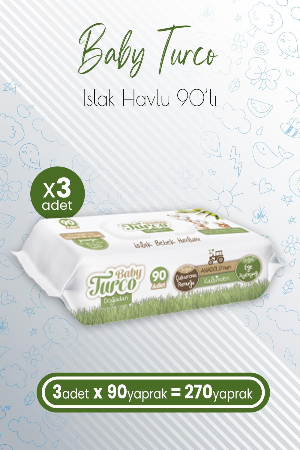 Baby Turco Doğadan Islak Bebek Havlusu Zeytinyağlı 90'lı x 3 Adet (270 Yaprak)