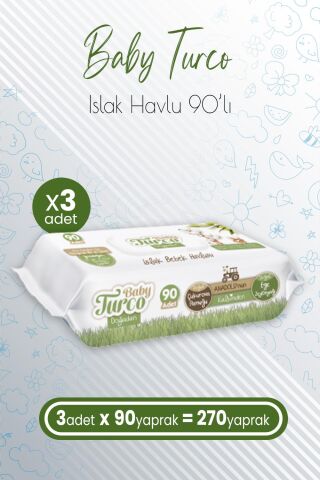 Baby Turco Doğadan Islak Bebek Havlusu Zeytinyağlı 90'lı x 3 Adet (270 Yaprak)