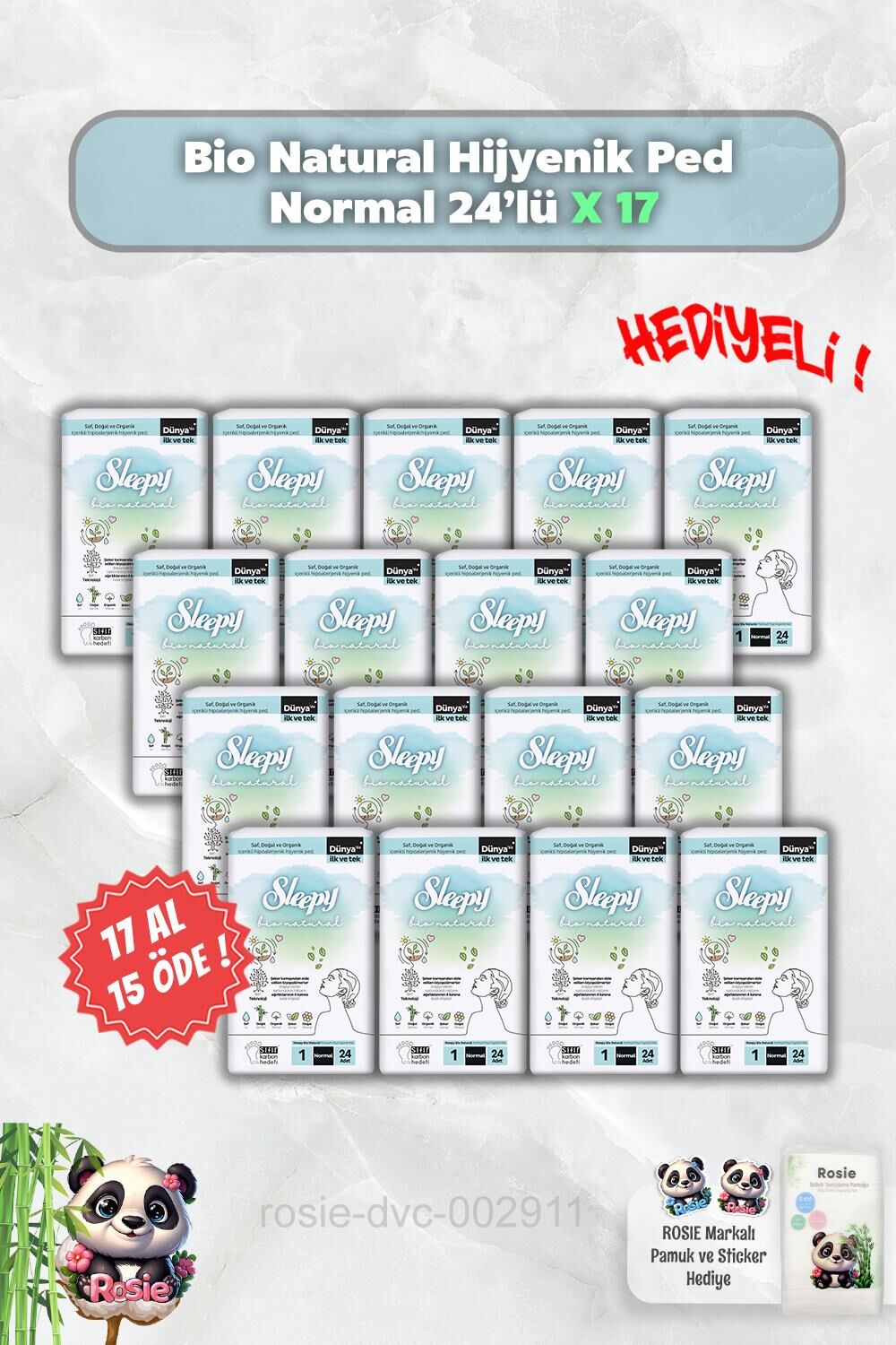 Sleepy 17 AL 15 ÖDE Hijyenik Ped Normal 24'lü Bio Natural ve Rosie