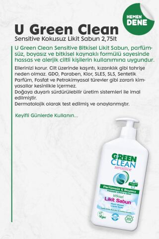U Green Clean Organik Kokusuz Likit Sensitive Sabun 500 ML