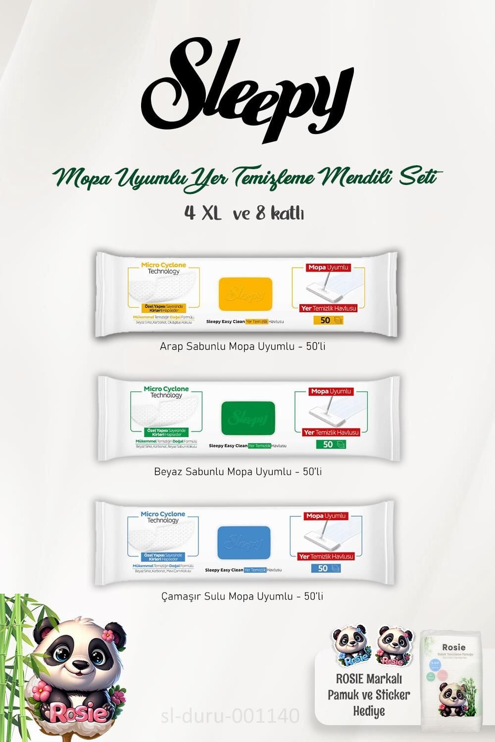 Sleepy 50'li Mopa Uyumlu Arap ve Beyaz Sabun, Çamaşır Suyu ve ROSIE Pamuk