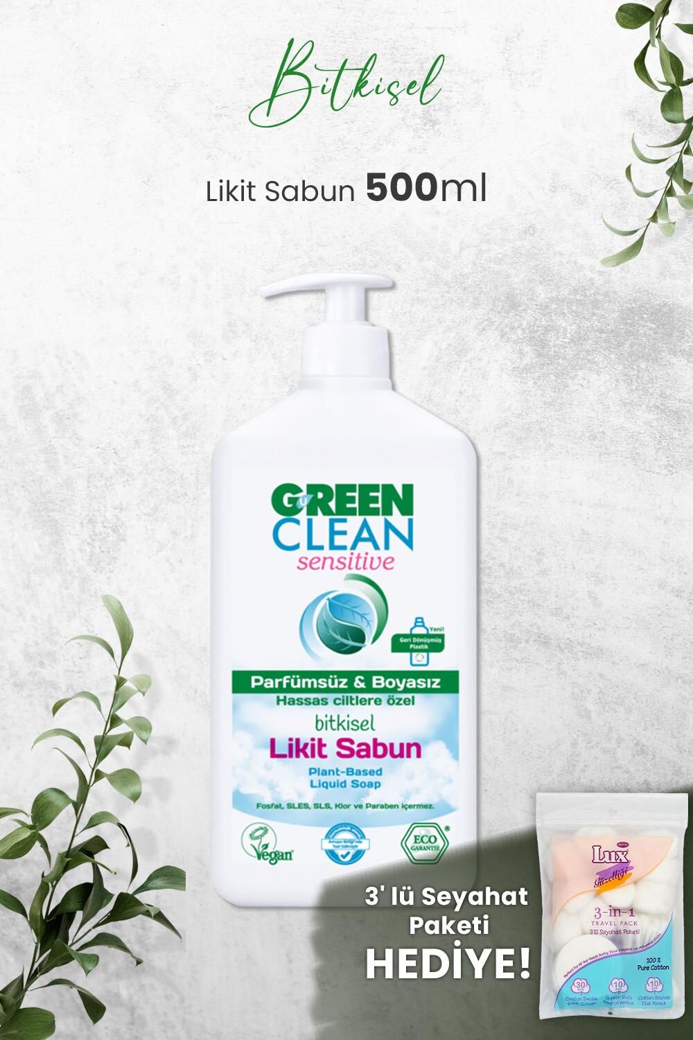 U Green Clean Organik Kokusuz Likit Sensitive Sabun 500 ML ve Hediyeli