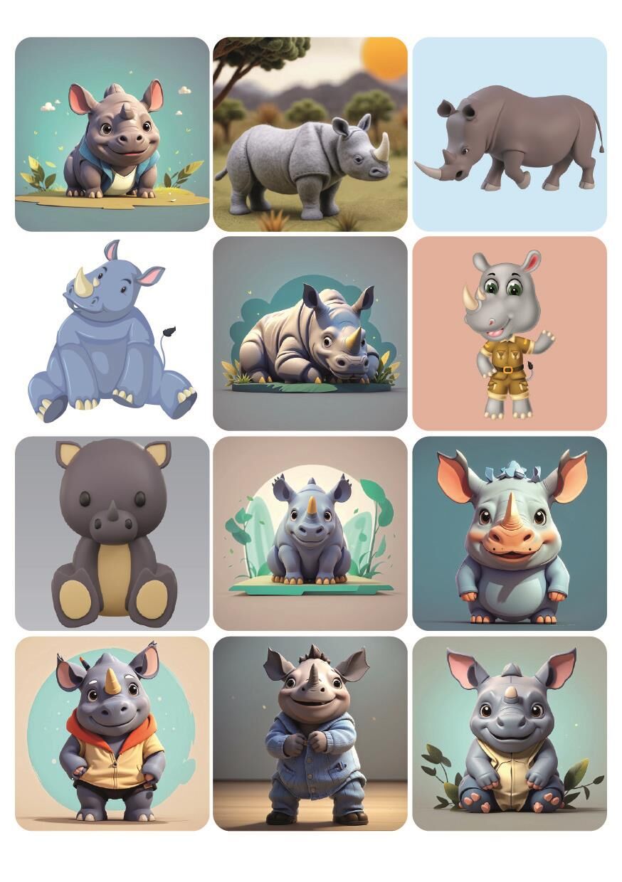 12 Adet Gergedan Tatlı Hayvan Sticker