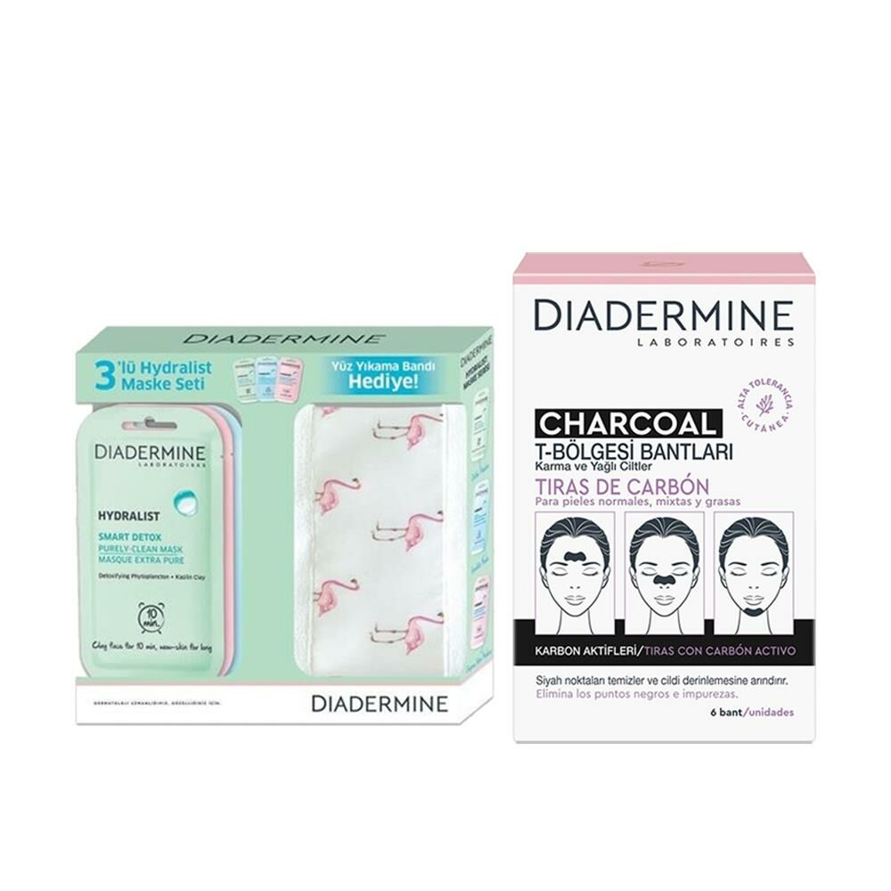 Diadermine Hydralist 3'lü Maske Seti + Saç Bandı + Kömürlü T Bölgesi Bantları 6 Bant