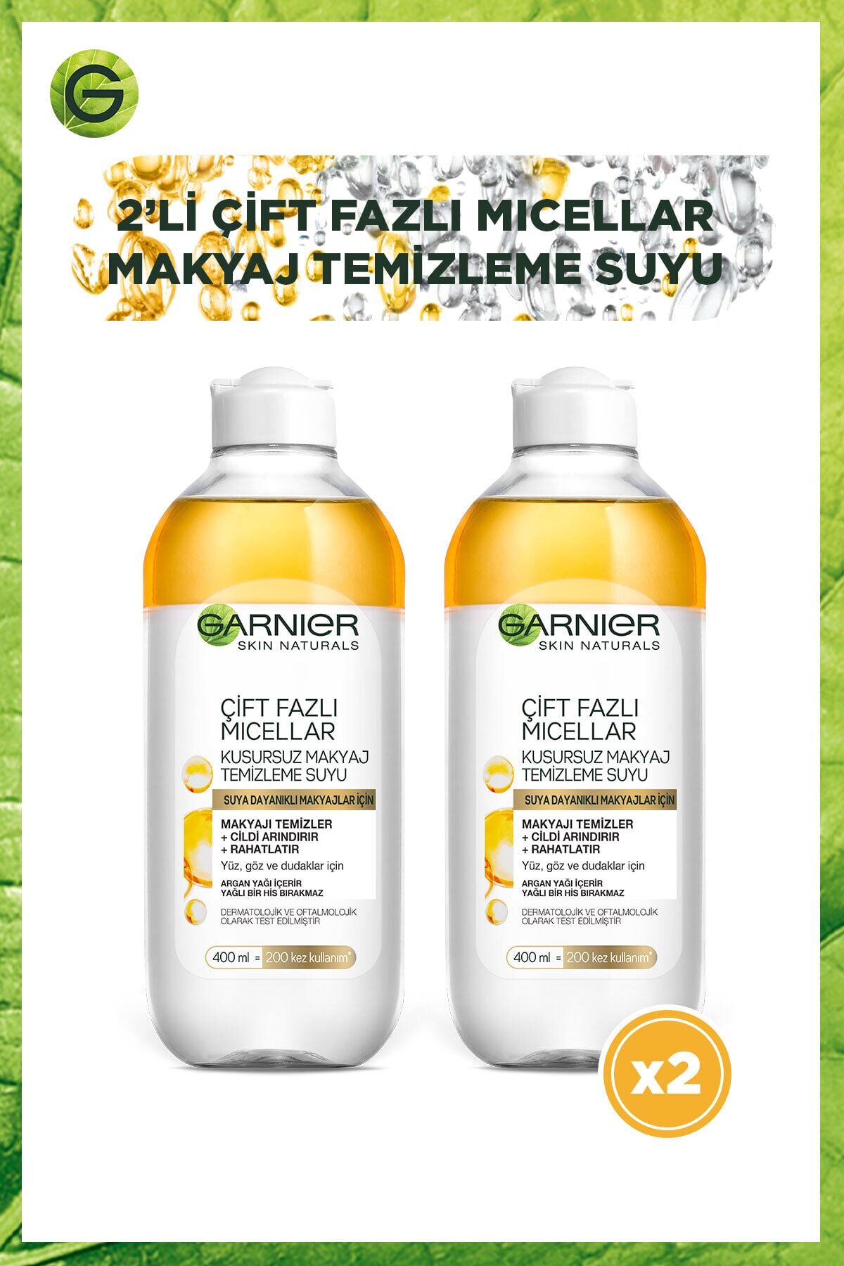Garnier Micellar Temizleme Suyu Çift Fazlı Argan 400 ml x 2 Adet