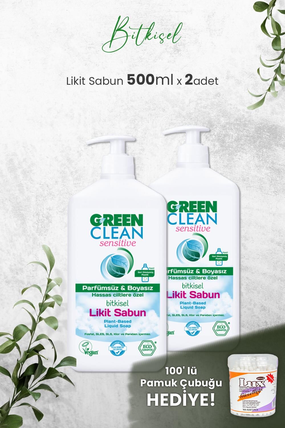 U Green Clean Organik Kokusuz Likit Sensitive Sabun 500 ML x 2 Adet ve Hediyeli