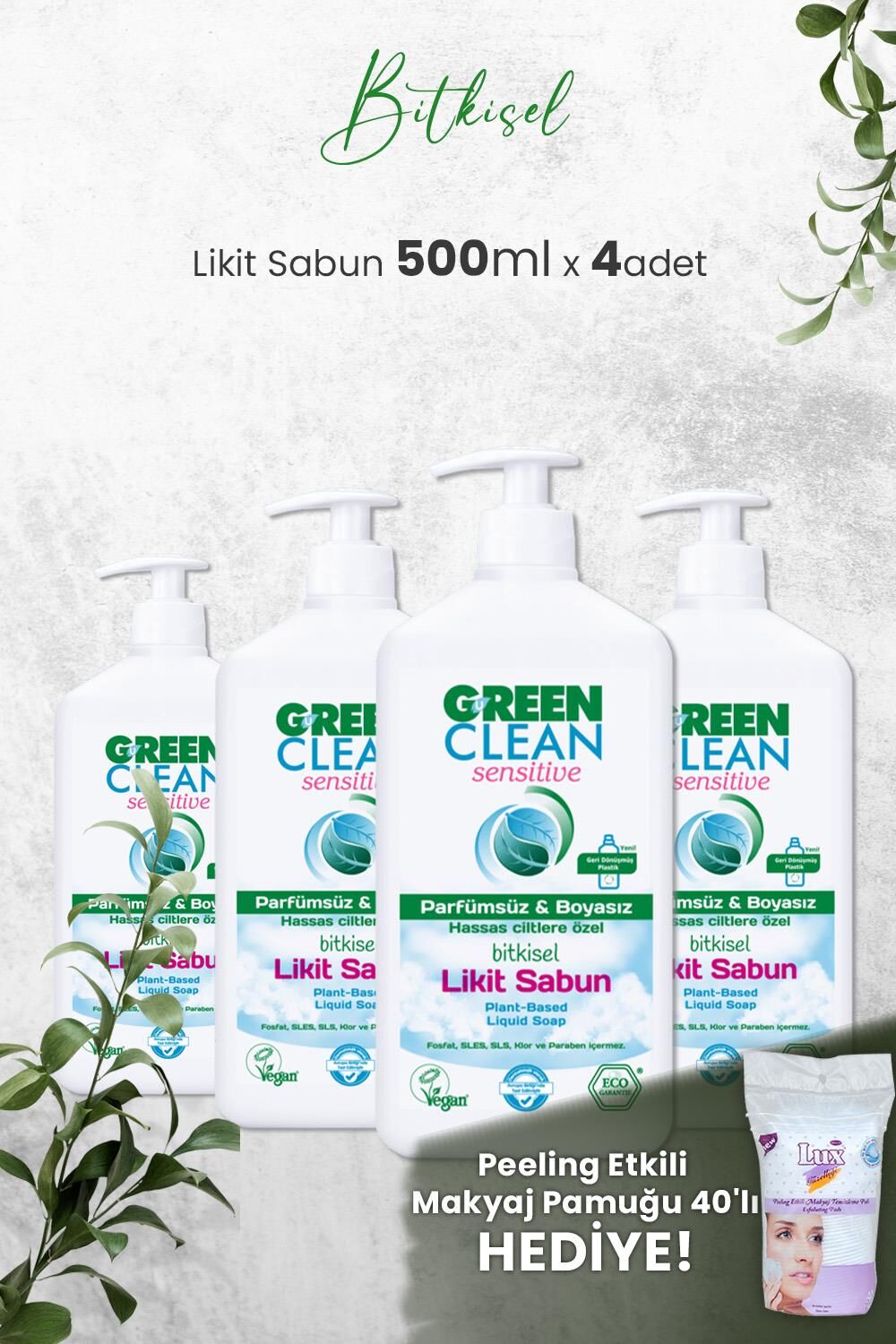 U Green Clean Organik Kokusuz Likit Sensitive Sabun 500 ML x 4 Adet ve Hediyeli