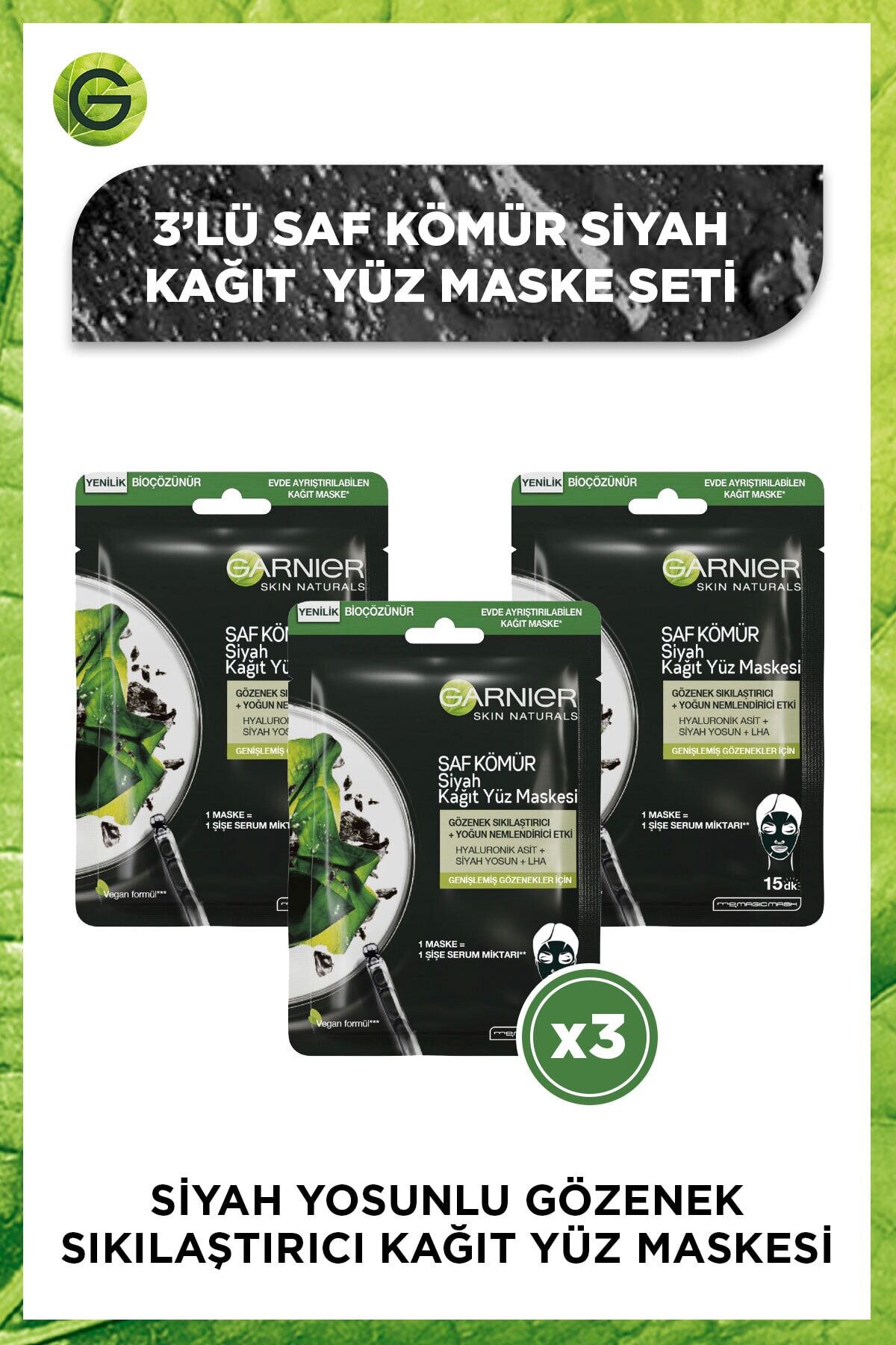 Garnier Kağıt Yüz Maskesi Siyah Saf Kömür 28 gr x 3 Adet