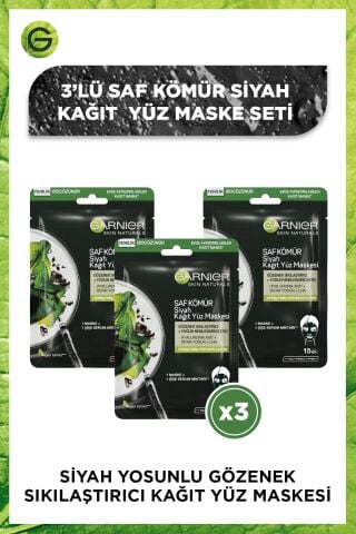 Garnier Kağıt Yüz Maskesi Siyah Saf Kömür 28 gr x 3 Adet