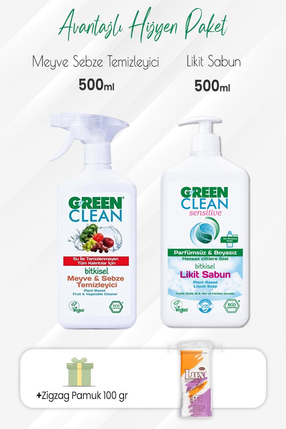 Green Clean Meyve Sebze Temizleyici,Sensitive  Likit Sabun 500 ml ve Zigzag Pamuk