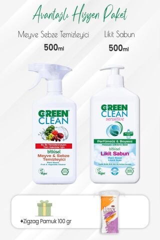 Green Clean Meyve Sebze Temizleyici,Sensitive  Likit Sabun 500 ml ve Zigzag Pamuk