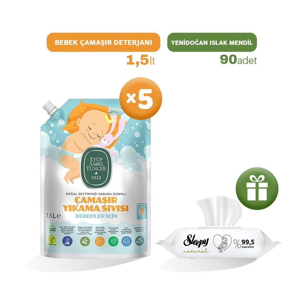 Eyüp Sabri Tuncer Bebek Çamaşır Deterjanı 1500 ml x 5, Islak Mendil Hediye