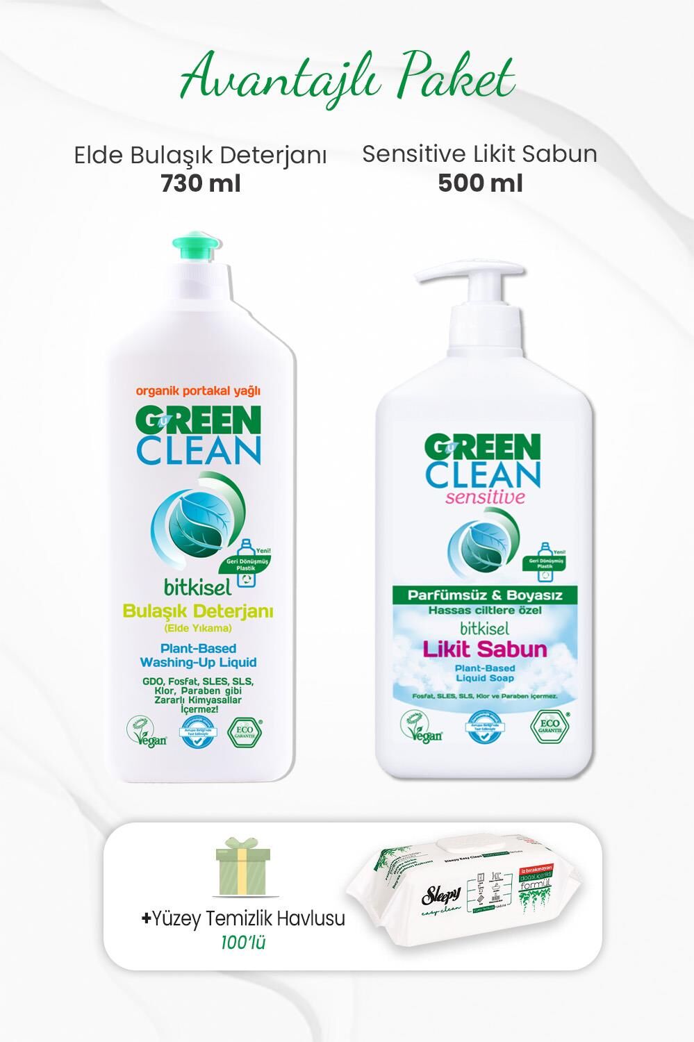 Green Clean Bulaşık Deterjanı 730 ml, Likit Sabun 500 ml ve Yüzey Temizlik Havlusu 100'lü