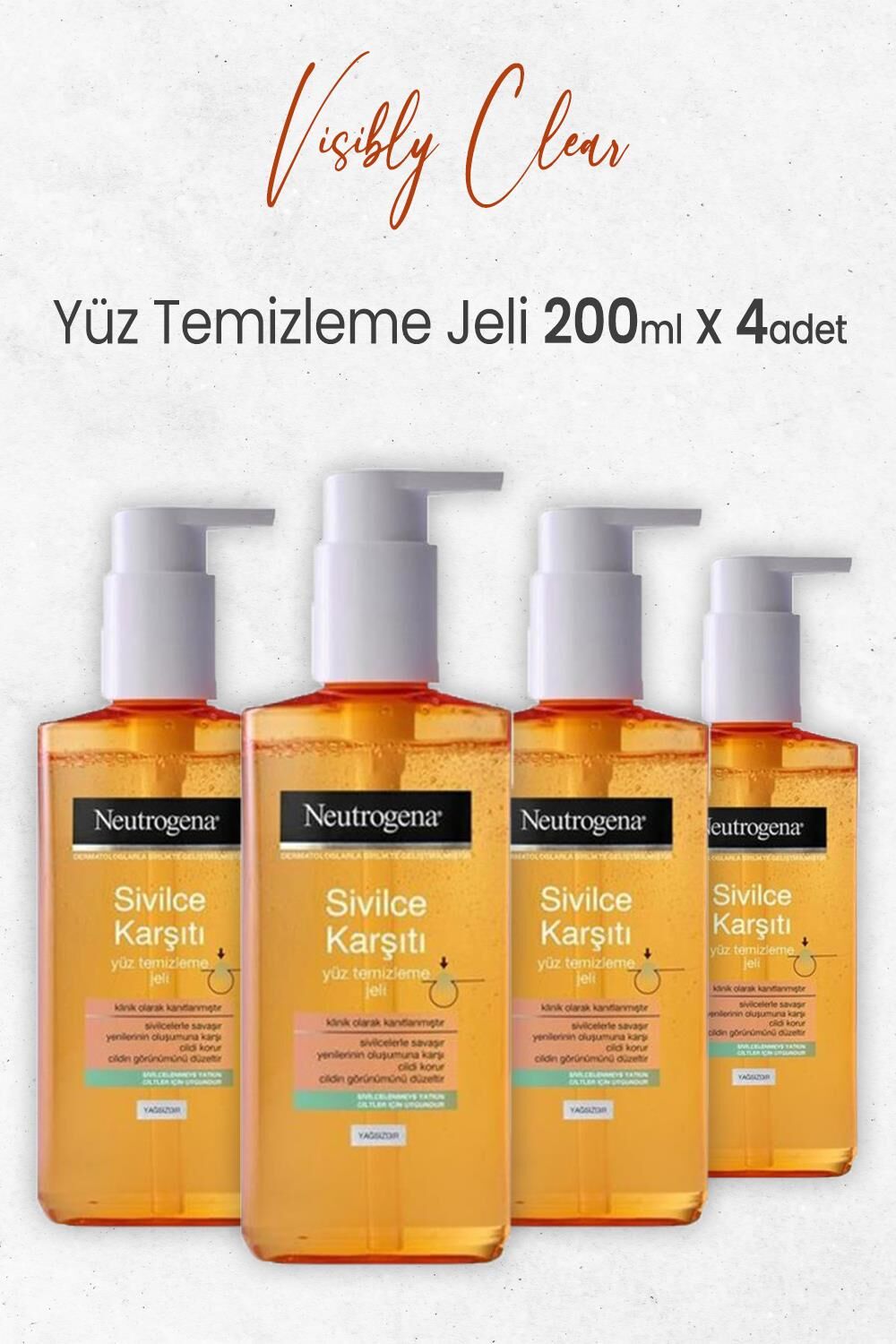 Neutrogena Visibly Clear Sivilce Karşıtı Yağsız Yüz Temizleme Jeli 200 Ml x 4 Adet
