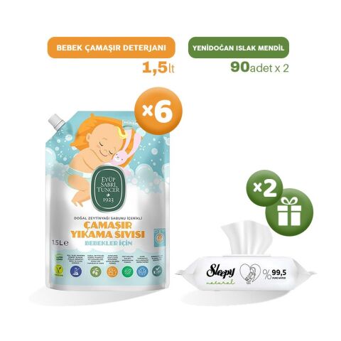 Eyüp Sabri Tuncer Bebek Çamaşır Deterjanı 1500 ml x 6, Islak Mendil x 2 Hediye