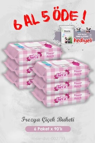 6 Al 5 Öde Frezya Çiçek Buketi 90 Yaprak Islak Havlu ve Rosie