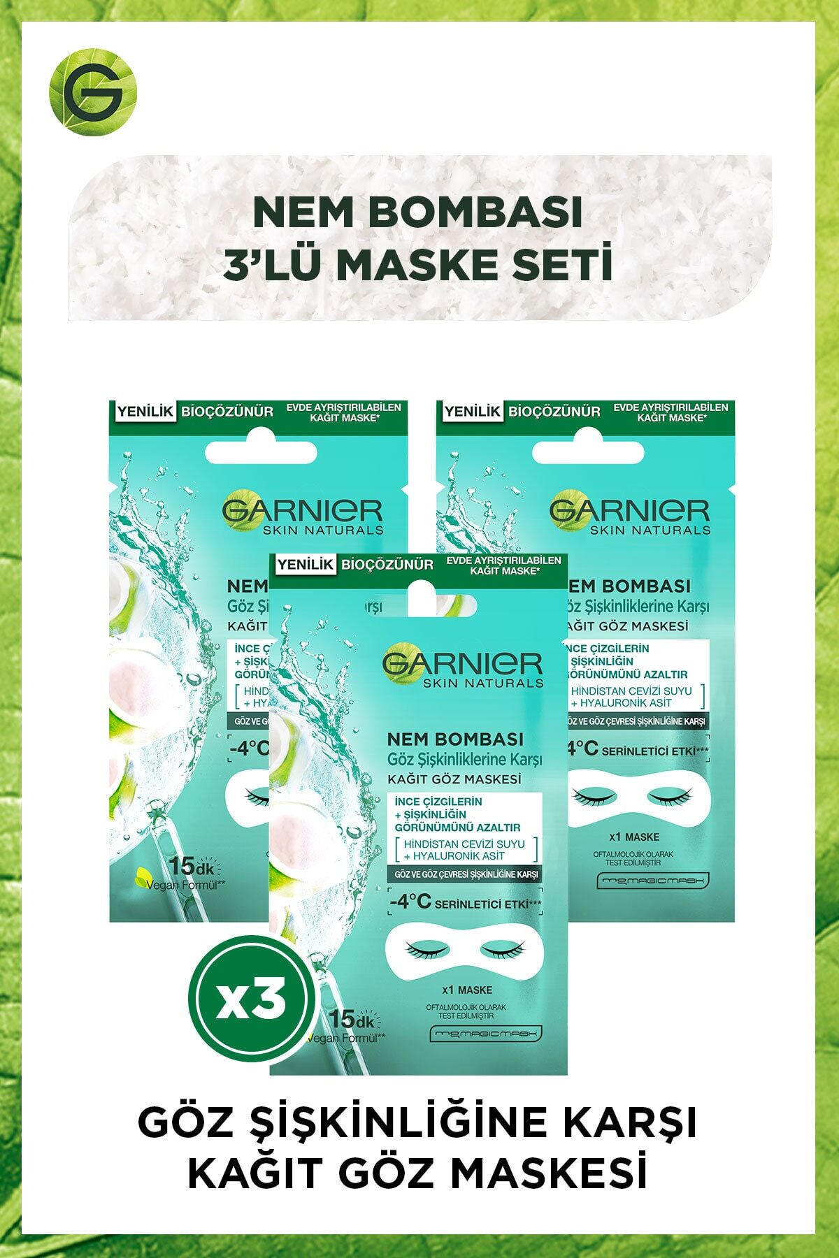 Garnier Kağıt Göz Maskesi Nem Bombası Hindistan Cevizi 6 gr x 3 Adet