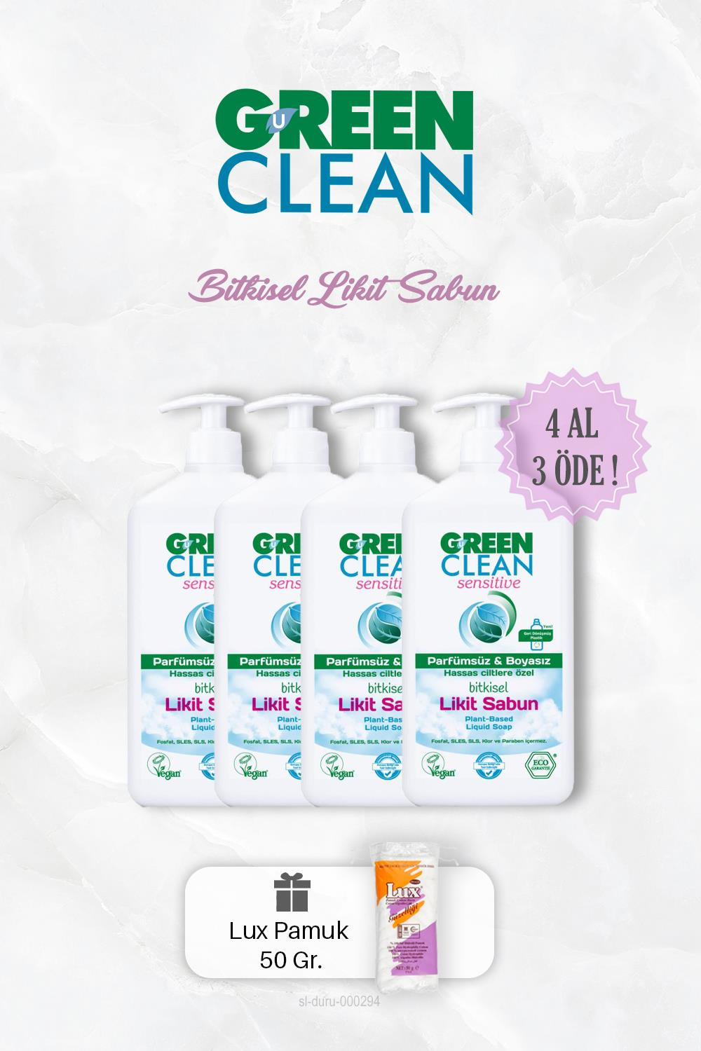 Green Clean Bitkisel Likit Sabun Sensitive 500 ml 4 AL 3 ÖDE ve 50 Gr Pamuk