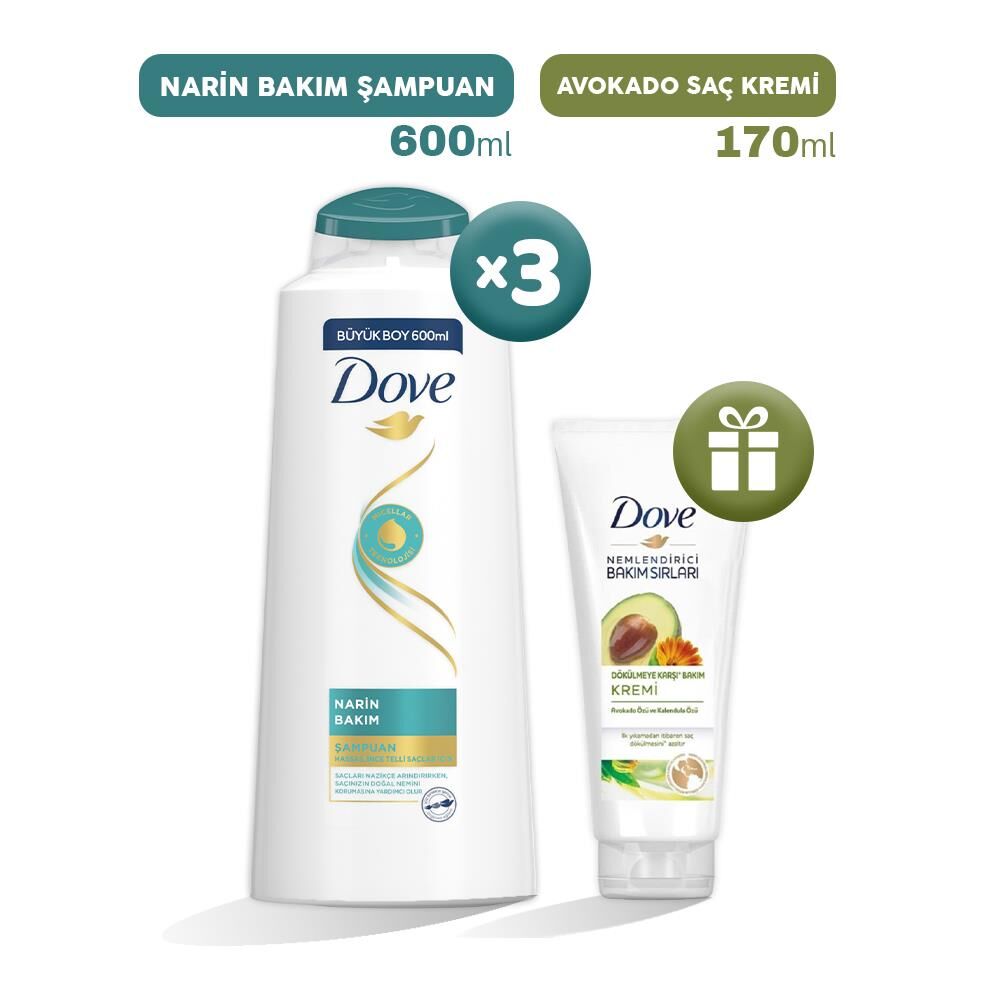 Dove Narin Bakım Şampuan 600 ml x 3, Avokado Saç Kremi Hediyeli