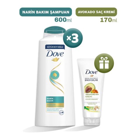 Dove Narin Bakım Şampuan 600 ml x 3, Avokado Saç Kremi Hediyeli