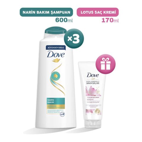Dove Narin Bakım Şampuan 600 ml x 3, Lotus Saç Kremi Hediyeli