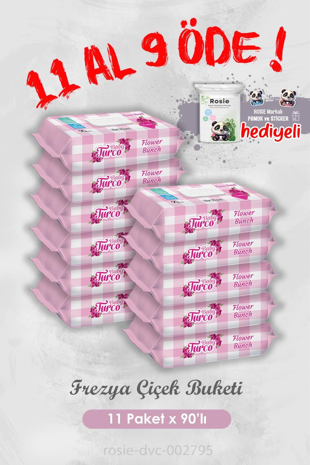 11 Al 9 Öde Frezya Çiçek Buketi 90 Yaprak Islak Havlu ve Rosie