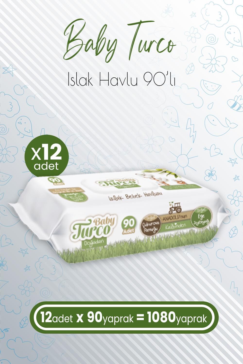 Baby Turco Doğadan Islak Bebek Havlusu Zeytinyağlı 90'lı x 12 Adet (1080 Yaprak)