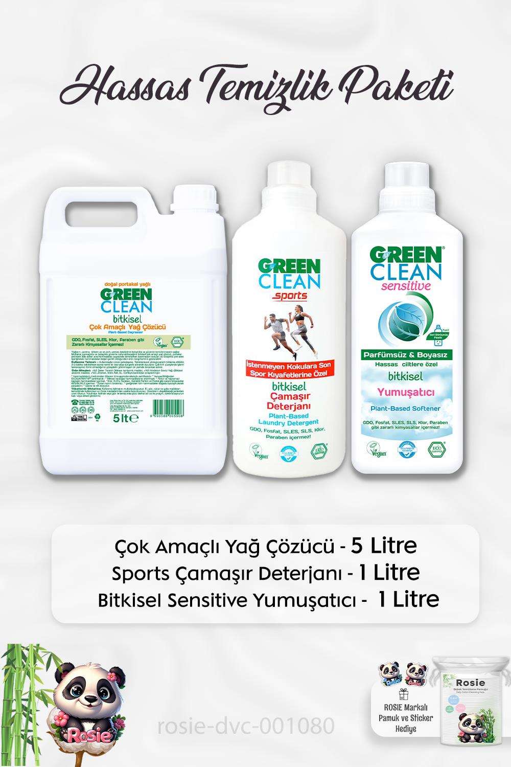 Green Clean Yağ Çözücü 5 lt, Sports Çamaşır Deterjanı 1 lt, Yumuşatıcı 1 lt ve ROSIE