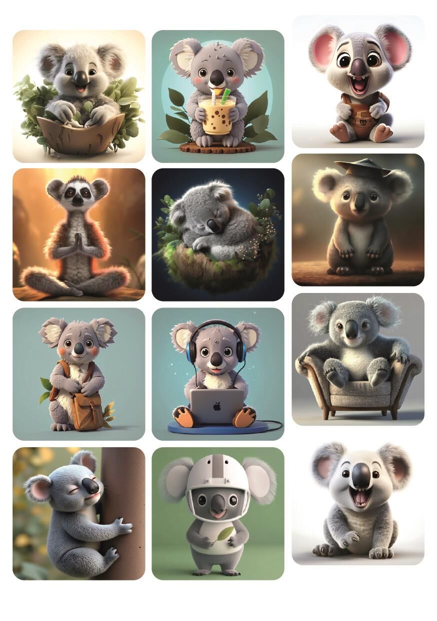 12' li Koala Sevimli Hayvan Kare Tasarım Hayvan Sticker