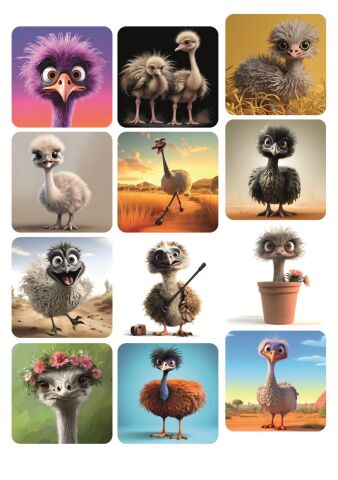 12 Adet Kare Tasarım Sticker Sevimli Deve Kuşu