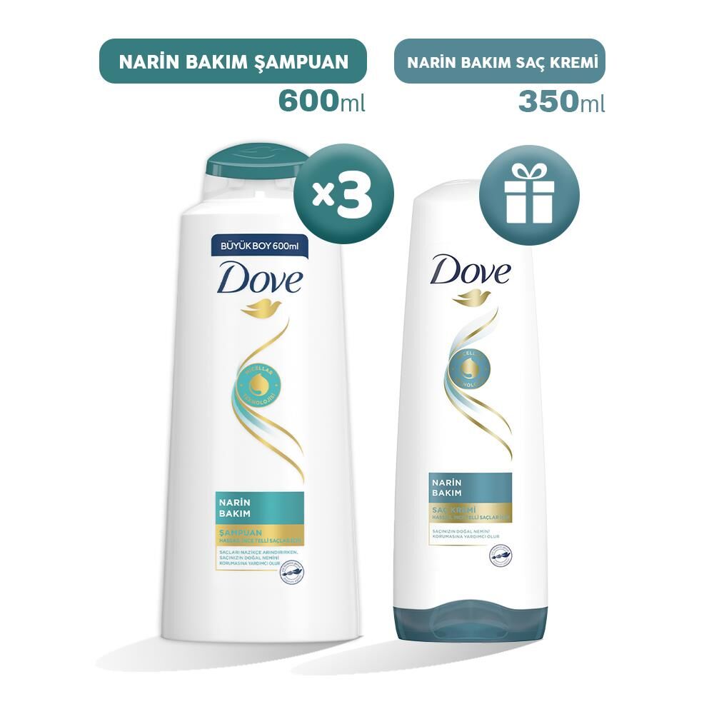Dove Narin Bakım Şampuan 600 ml x 3, Saç Kremi Hediyeli
