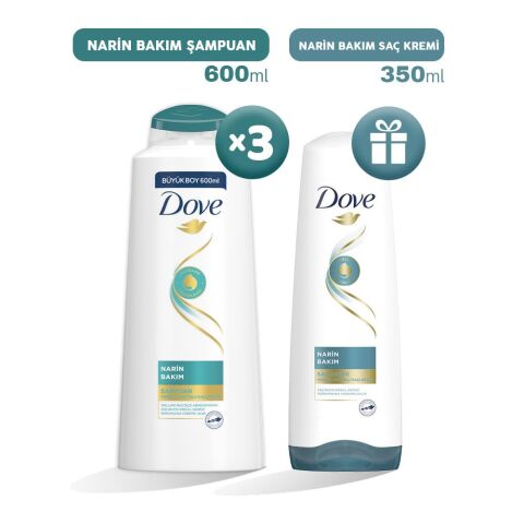 Dove Narin Bakım Şampuan 600 ml x 3, Saç Kremi Hediyeli