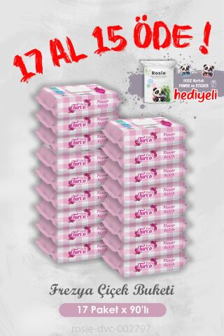 17 Al 15 Öde Frezya Çiçek Buketi 90 Yaprak Islak Havlu ve Rosie