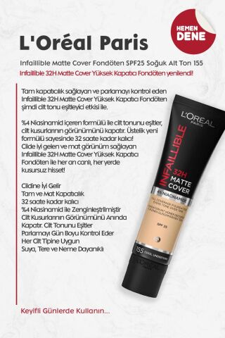 Loreal Paris Infaillible Matte Cover Fondöten SPF25 Soğuk Alt Ton 155