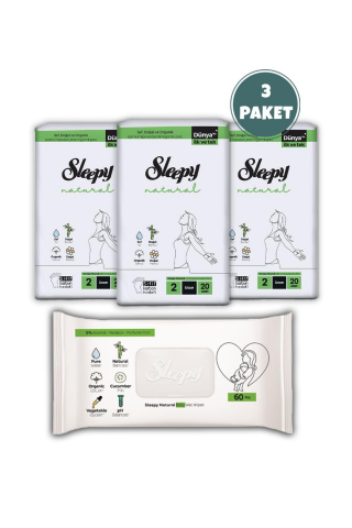 Sleepy Natural Ultra Hassas Hijyenik Ped Uzun 60 Adet, Natural 60'lı Islak Mendil  ve ROSIE
