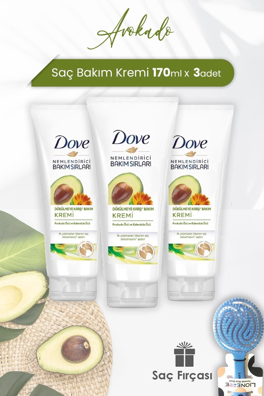 Dove Saç Bakım Kremi Avokado 170 ml x 3 Adet ve Saç Fırçası