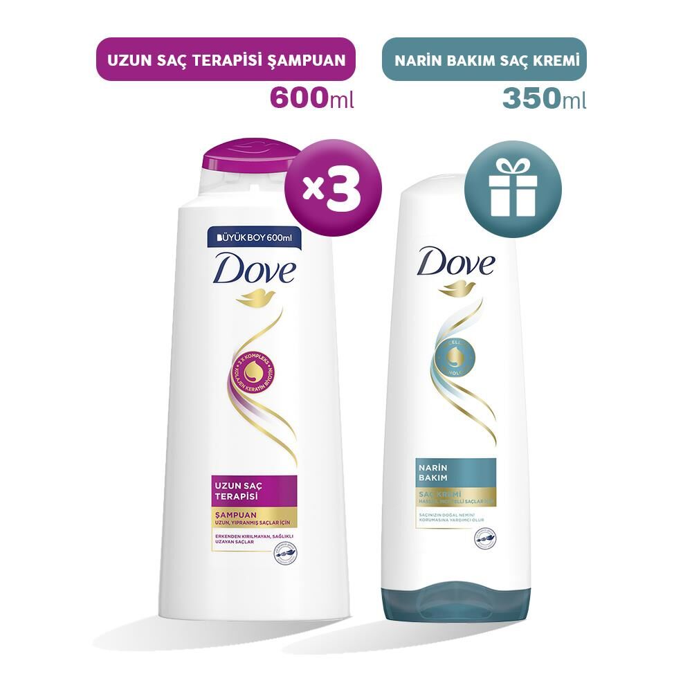 Dove Şampuan Uzun Saç Terapisi 600 ml x 3, Saç Kremi Hediyeli