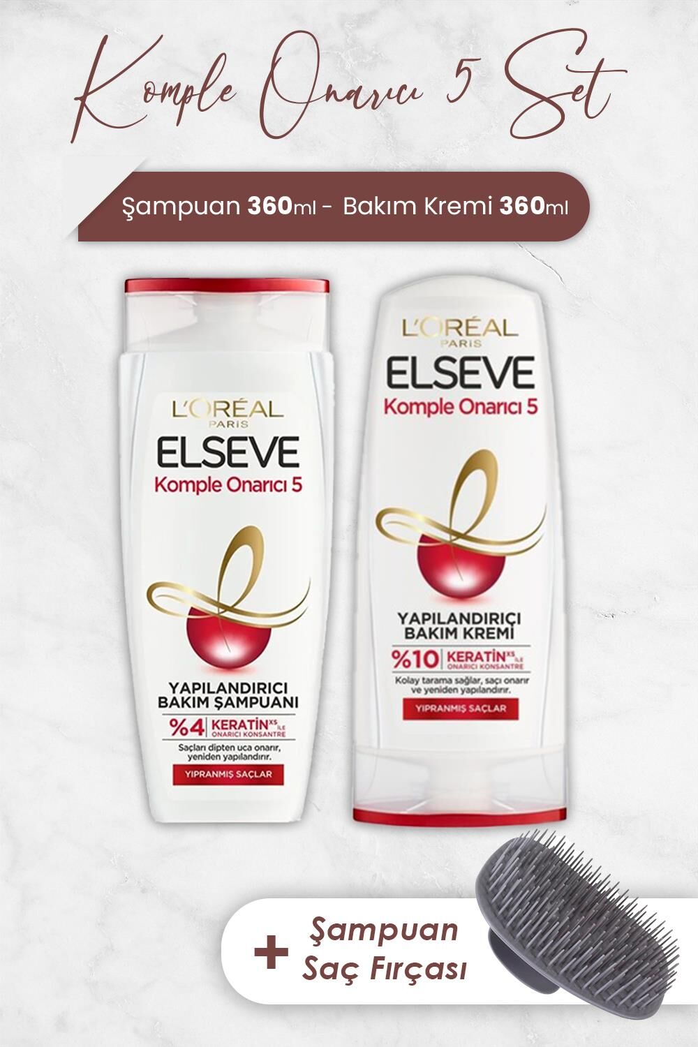 Elseve Komple Onarıcı 5 Şampuan 360 ml, Bakım Kremi 360 ml ve Şampuan Fırçası