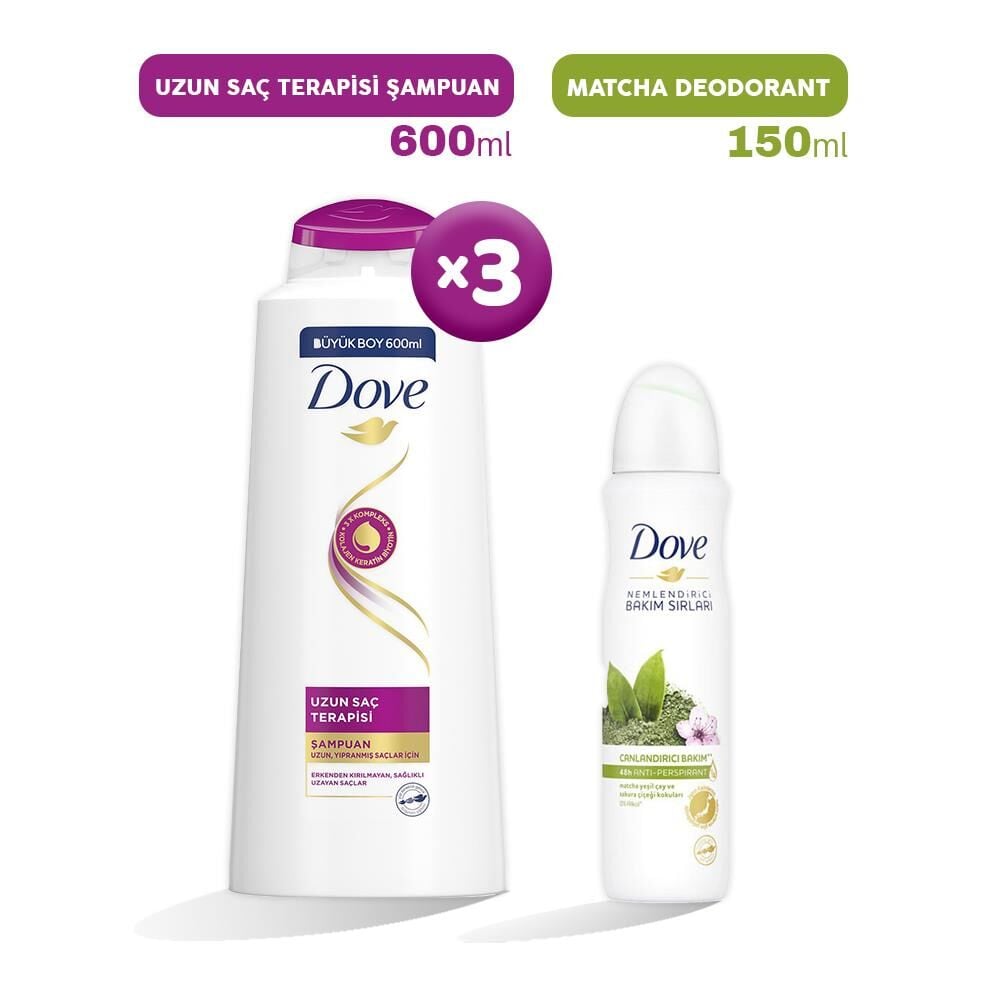 Dove Şampuan Uzun Saç Terapisi 600 ml x 3 ve Matcha Kadın Deodorant