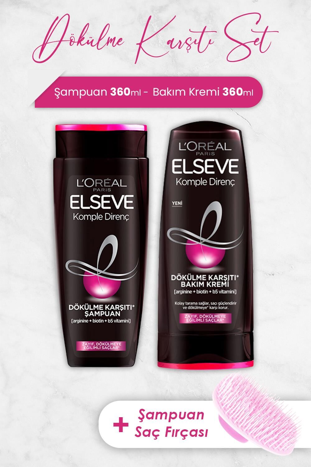Elseve Komple Direnç Şampuan 360 ml, Bakım Kremi 360 ml ve Şampuan Fırçası