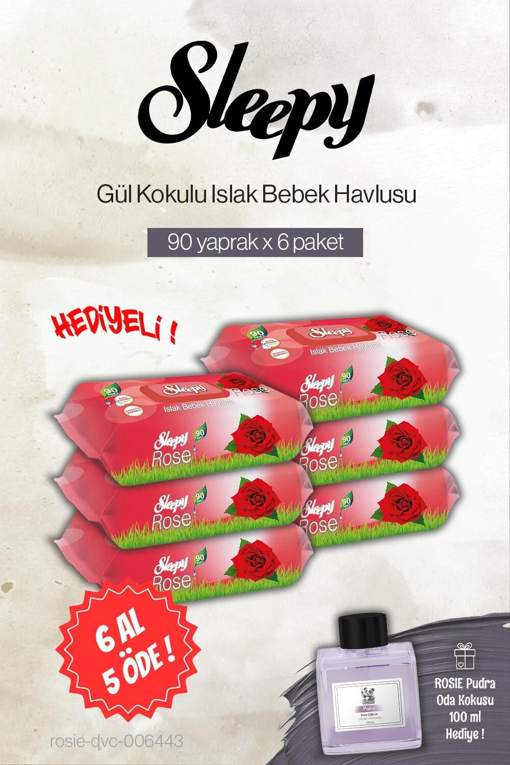 6 AL 5 ÖDE Sleepy 90'lı Gül Kokulu Bebek Islak Havlu, Rosie Pudra Oda Kokusu