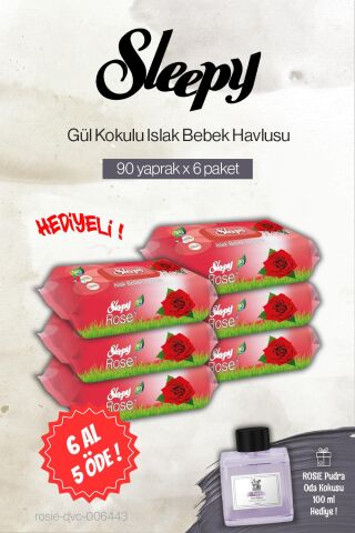 6 AL 5 ÖDE Sleepy 90'lı Gül Kokulu Bebek Islak Havlu, Rosie Pudra Oda Kokusu