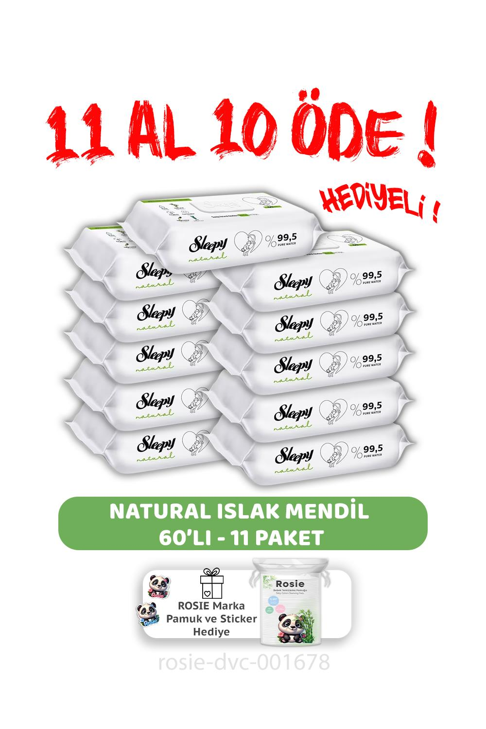 Sleepy 11 AL 10 ÖDE  Natural Yenidoğan Islak Bebek Havlusu 60'lı ve ROSIE
